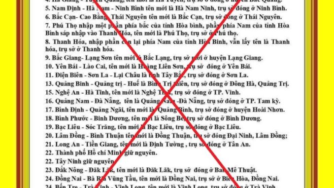 Tin trên mạng xã hội sáp nhập 63 tỉnh thành còn 31: Cảnh sát nói danh sách đang lan truyền là tin giả Tin trên mạng xã hội sáp nhập 63 tỉnh thành còn 31: Cảnh sát nói danh sách đang lan truyền là tin giả