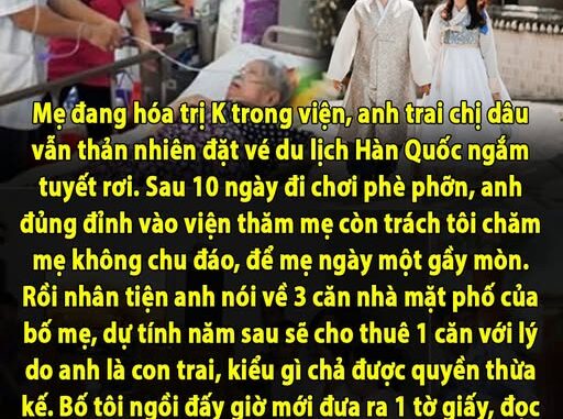 Mẹ ốm, cả nhà anh trai vẫn đi chơi để mình tôi chăm sóc mẹ. Lúc về anh giả bộ khóc lóc trách em gái đủ điều, cốt để lấy hết 3 căn nhà của ông bà Mẹ ốm, cả nhà anh trai vẫn đi chơi để mình tôi chăm sóc mẹ. Lúc về anh giả bộ khóc lóc trách em gái đủ điều, cốt để lấy hết 3 căn nhà của ông bà