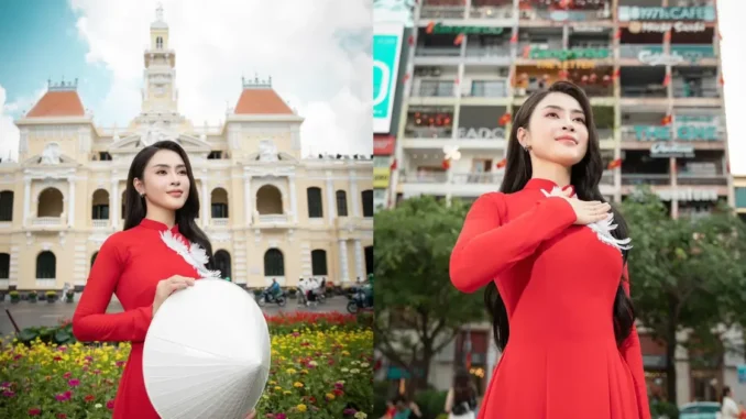 Hoa hậu Lý Kim Thảo thướt tha trong tà áo dài đỏ thêu bồ câu trắng Hoa hậu Lý Kim Thảo thướt tha trong tà áo dài đỏ thêu bồ câu trắng