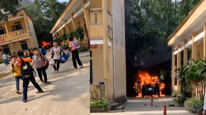 Ô tô của nữ hiệu trưởng bốc cháy trong trường, học sinh hoảng hốt bỏ chạy Ô tô của nữ hiệu trưởng bốc cháy trong trường, học sinh hoảng hốt bỏ chạy
